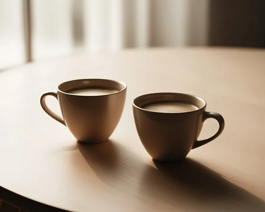 木のテーブルに置かれた二つのコーヒーカップ