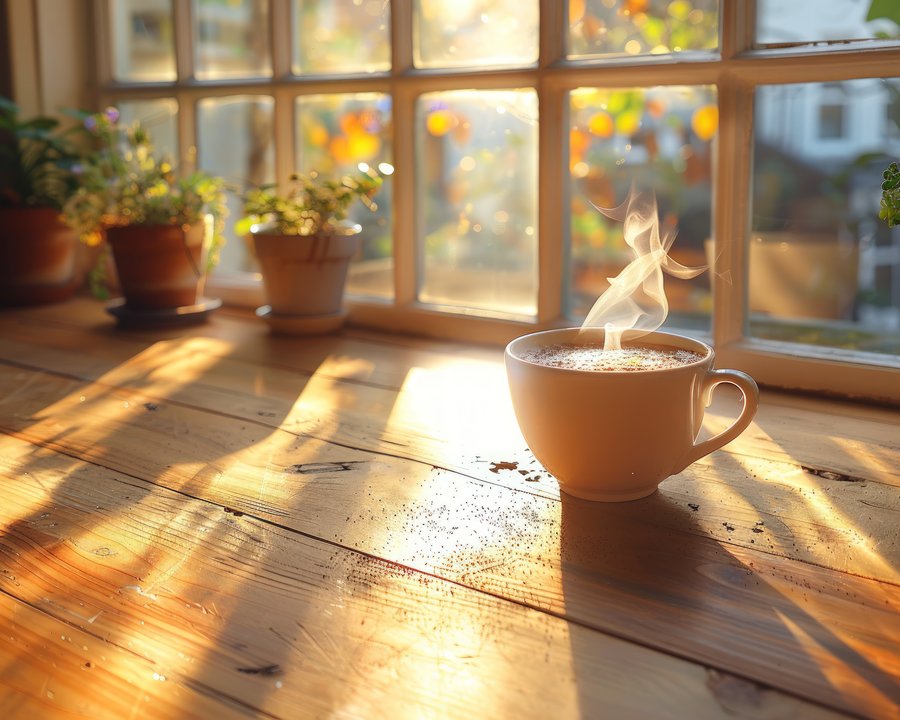 窓辺の光と湯気の立つコーヒーカップ