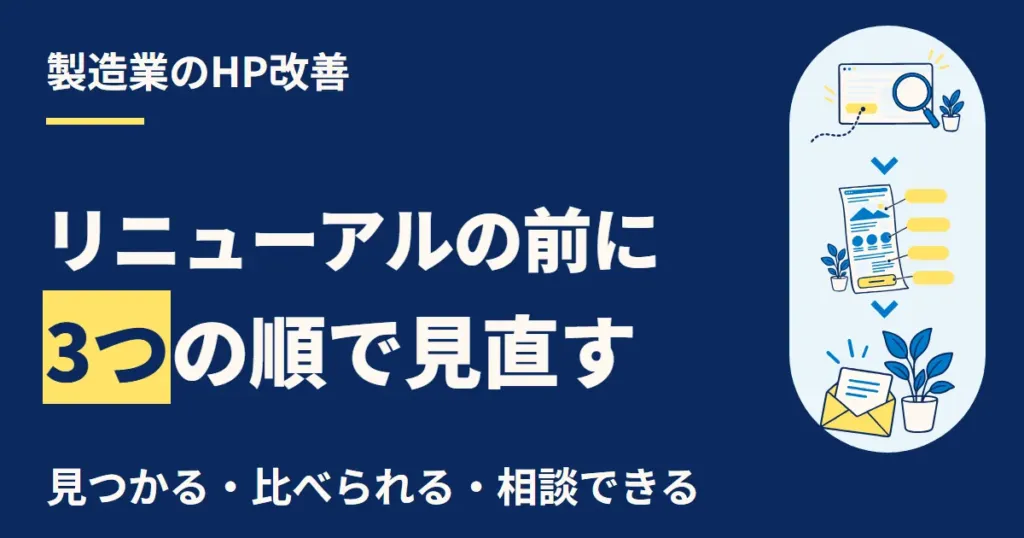 製造業のホームページをリニューアルする前に、見つかる・比べられる・相談できるの3つの順で見直します。